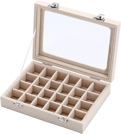 Beige Schmuckkästchen mit Glasdeckel, 24 Fächer, Aufbewahrung für Uhren und Schmuck.