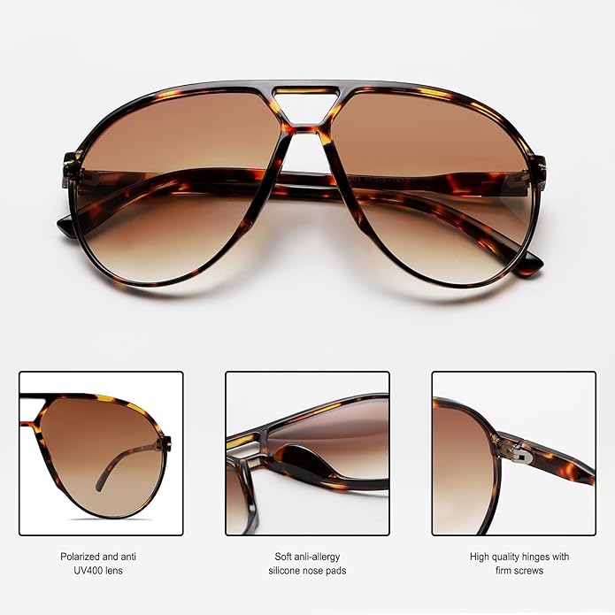Braune Piloten-Sonnenbrille mit UV400-Gläsern, verstellbaren Silikon-Nasenpads, hochwertige Scharniere.