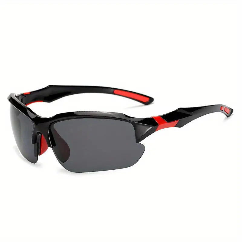 Schwarze Sportsonnenbrille mit roten Akzenten, polarisierten Gläsern, UV-Schutz, Unisex-Design.