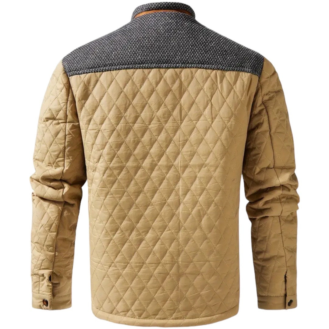 Beige gesteppte Jacke mit grauem Schulterbereich, Herrenmode, Winterbekleidung, Rückansicht.