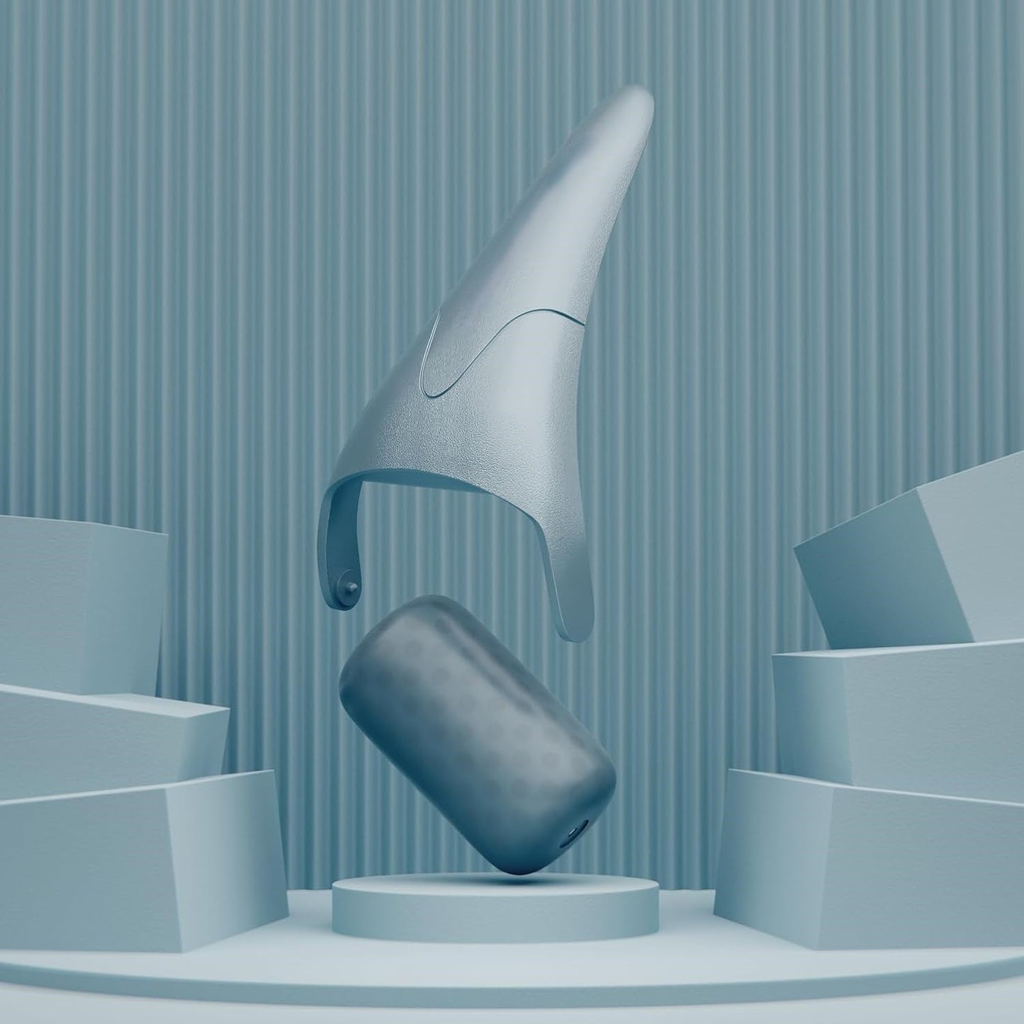 Futuristisches graues Designobjekt, schwebend, vor blauem Hintergrund, modernes Interieur.
