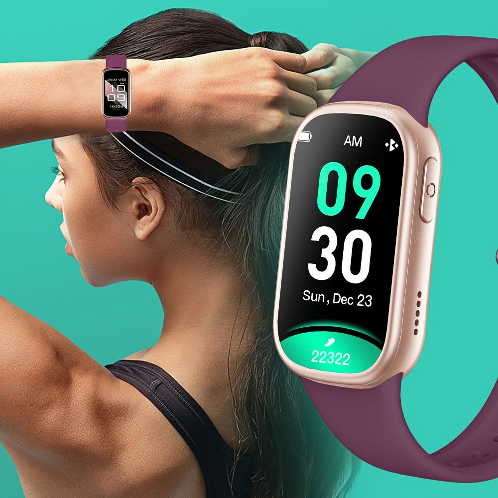 Frau mit lila Fitness-Tracker, Touchscreen, Schrittzähler, Herzfrequenzmesser, Sportuhr.