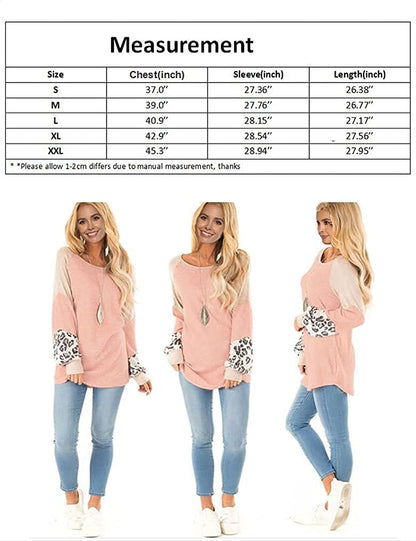Damen-Pullover rosa, Leopardenmuster, Langarm, lässig, Herbstmode, Größenangaben oben.