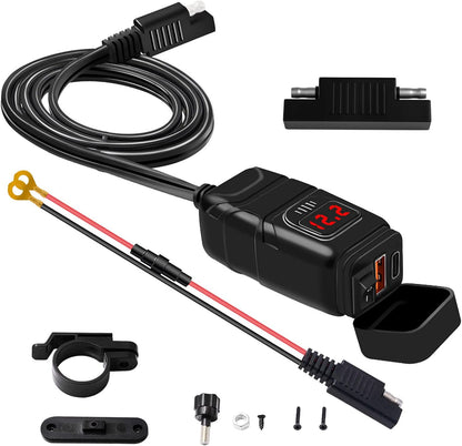 USB- och Typ-C-snabbladdare för motorcykel med voltmeter – Drayvik