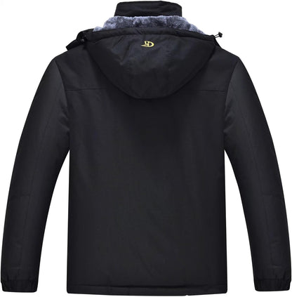 Schwarze Winterjacke mit Kapuze, Herren, wasserabweisend, warm gefüttert, Outdoor-Bekleidung.