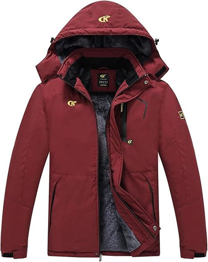 Rote Herren-Winterjacke mit Kapuze, wasserdicht, winddicht, Outdoor-Bekleidung.