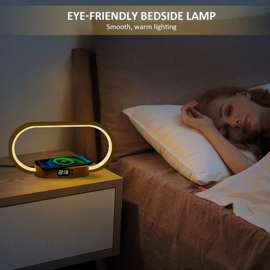 Bordslampa med trådlös laddning och klocka – Lumora
