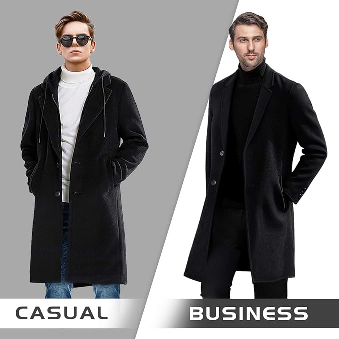 Zwei Männer in schwarzen Mänteln, links casual, rechts business, grauer Hintergrund.