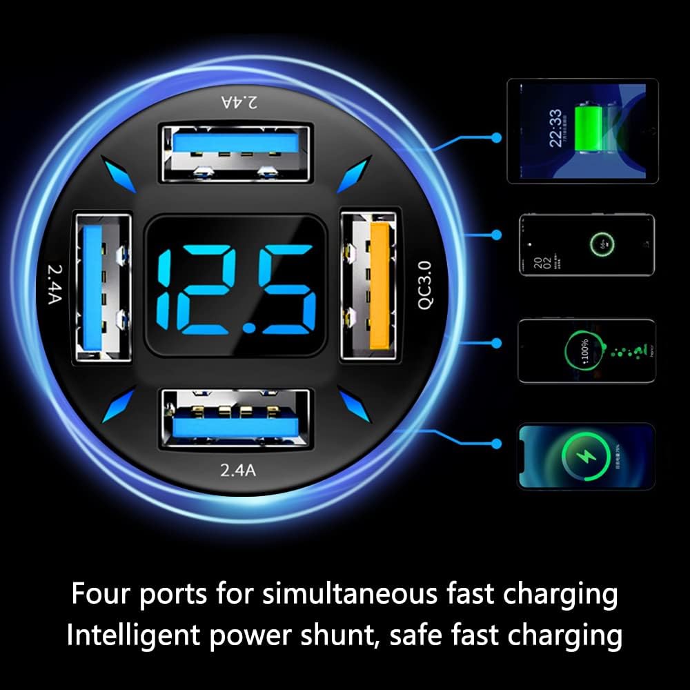 USB-Autoladegerät mit vier Anschlüssen, LED-Anzeige, Schnellladung, Schwarz