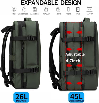 Expanderbar 26–45 L vattentät resryggsäck med laptopfack och duffelalternativ