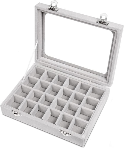 Grauer Schmuckkasten mit Glasdeckel, 24 Fächer, Samt, Aufbewahrung für Ringe und Ohrringe.