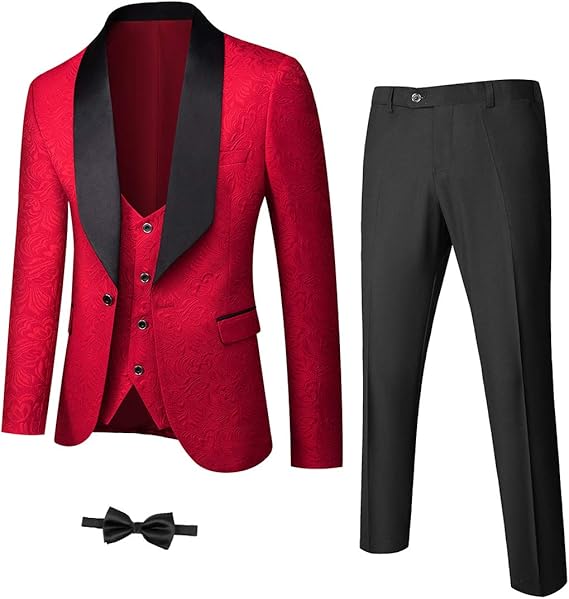 Roter Smoking mit schwarzem Revers, Weste, Hose und Fliege, Herrenanzug, elegant.