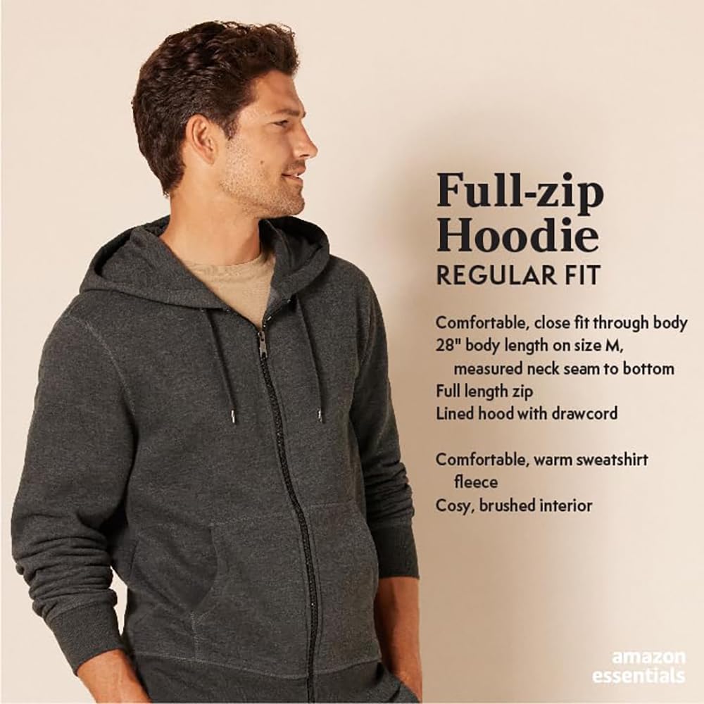 Mann trägt grauen Full-Zip Hoodie, Regular Fit, aus Fleece, mit Kapuze und Kordelzug.