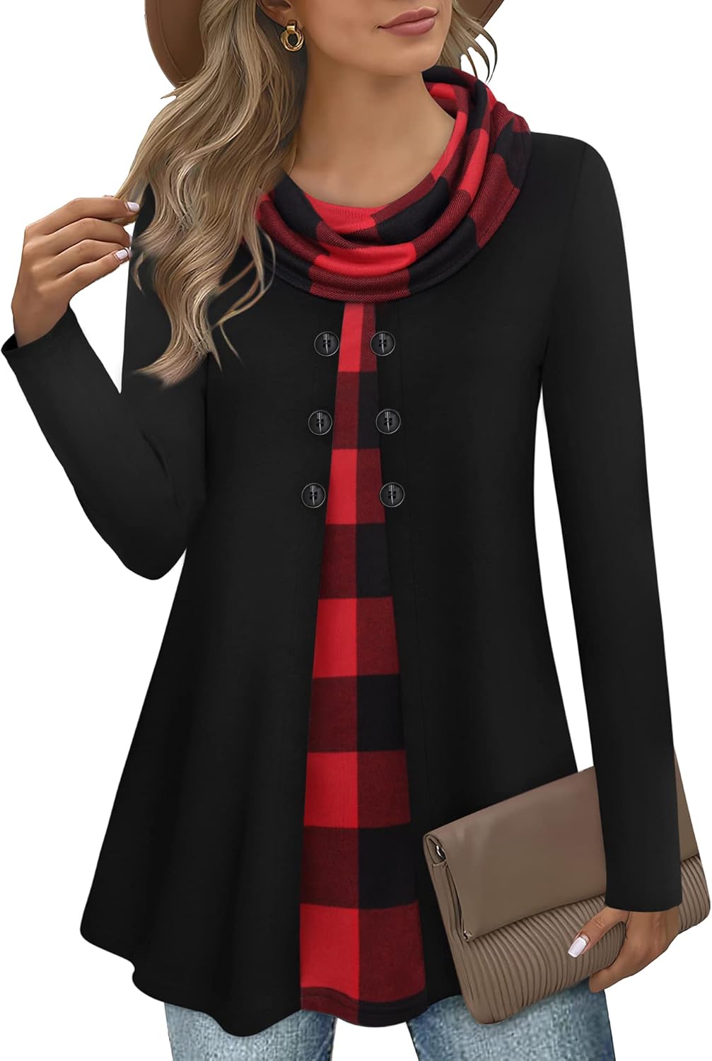 Damen-Tunika schwarz-rot kariert, Langarm, Knopfleiste, modisch, Herbstmode, elegant.