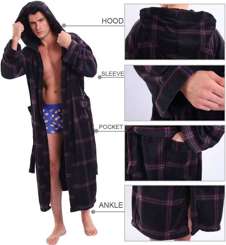 Schwarzer Herren-Bademantel mit Kapuze, kariert, Fleece, Taschen, Gürtel, gemütlich.