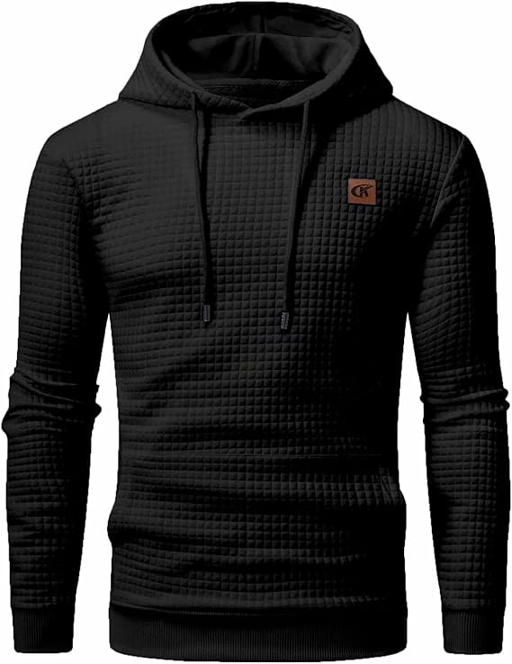 Schwarzer Kapuzenpullover Herren, gesteppter Stoff, modisch, warm, mit Kordelzug, Logo-Detail.