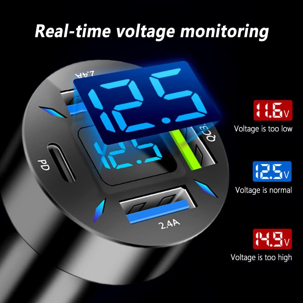 Auto-Ladegerät mit Echtzeit-Voltanzeige, USB-Anschlüsse, Schwarz, LED-Display.