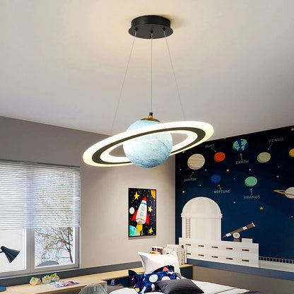 Moderne LED-Deckenleuchte, planetenförmig, blau-weiß, Kinderzimmer, energiesparend.