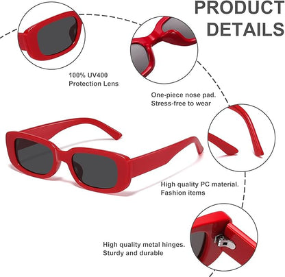 Rote rechteckige Sonnenbrille, UV400-Schutz, PC-Material, modisch, langlebige Metallscharniere.