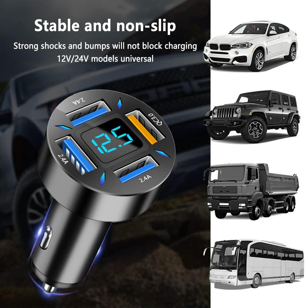 Auto Ladegerät Adapter, 4 USB-Anschlüsse, LED-Anzeige, 12V/24V, schwarz, universell einsetzbar.