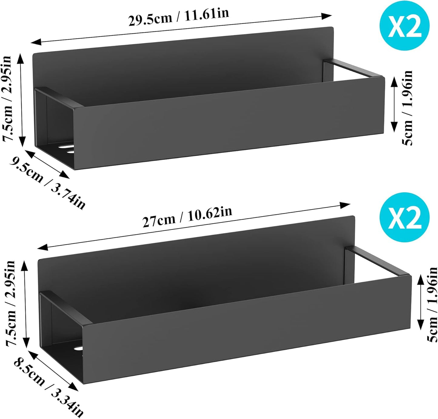 Schwarzes Wandregal-Set aus Metall, 2 Stück, 29,5 cm und 27 cm, für Bad oder Küche.