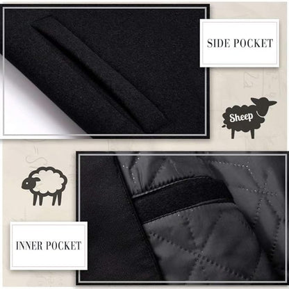 Schwarzer Wollmantel, Seitentasche und Innentasche, Schafwolle, warm, elegant, Herrenmode.