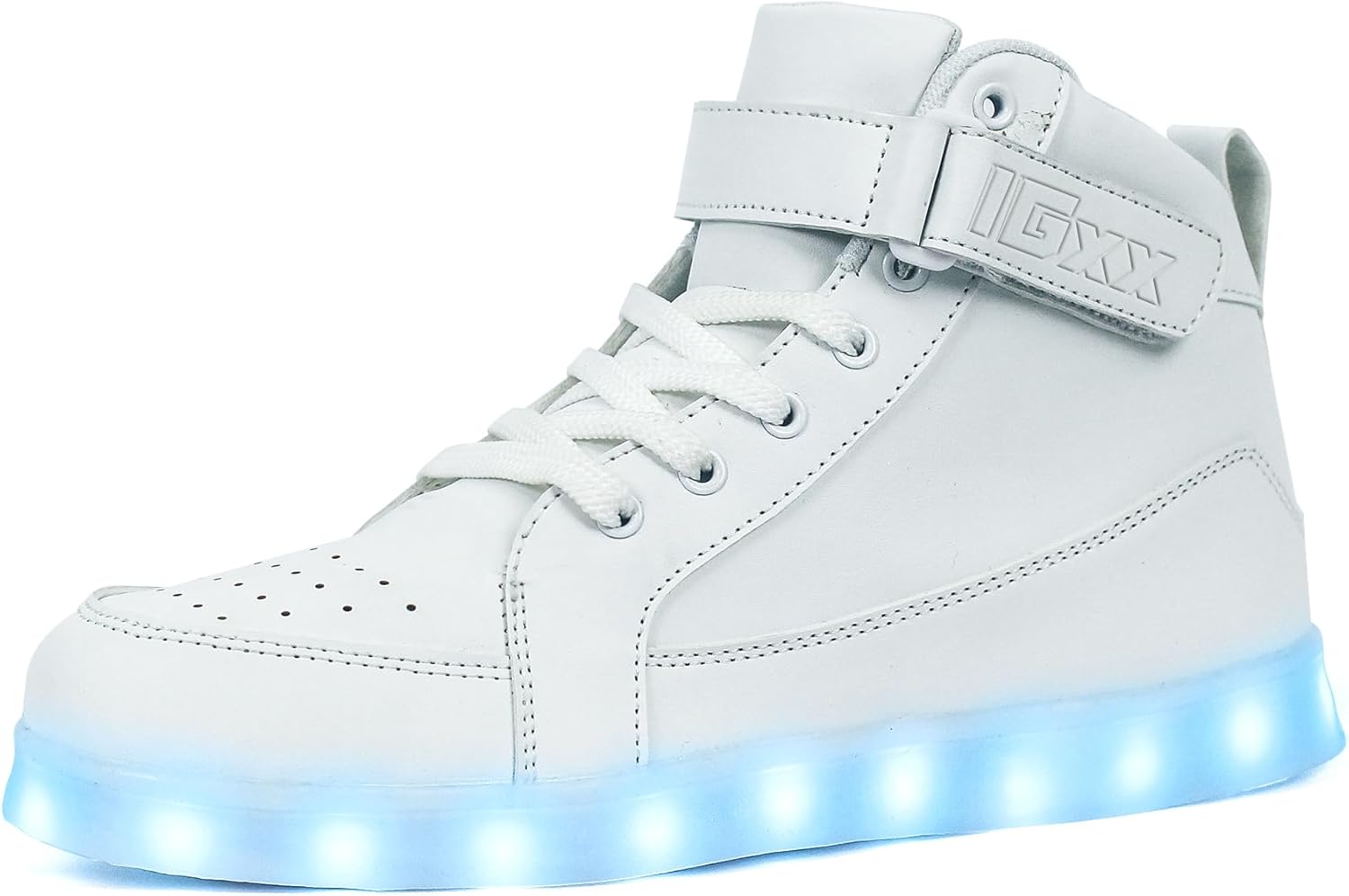 Weiße LED-Sneaker mit Klettverschluss, leuchtende Sohle, modische Schuhe für Kinder.