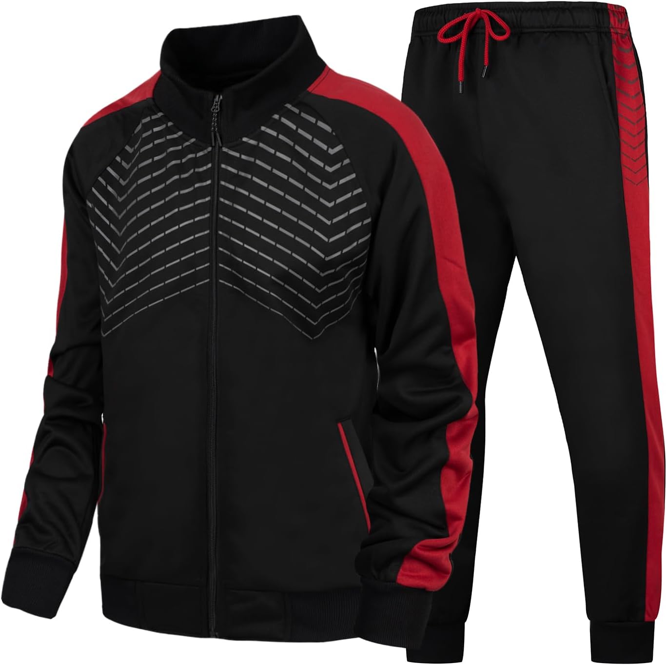 Schwarzer Trainingsanzug mit roten Streifen, Reißverschlussjacke, Sporthose, Herrenmode.