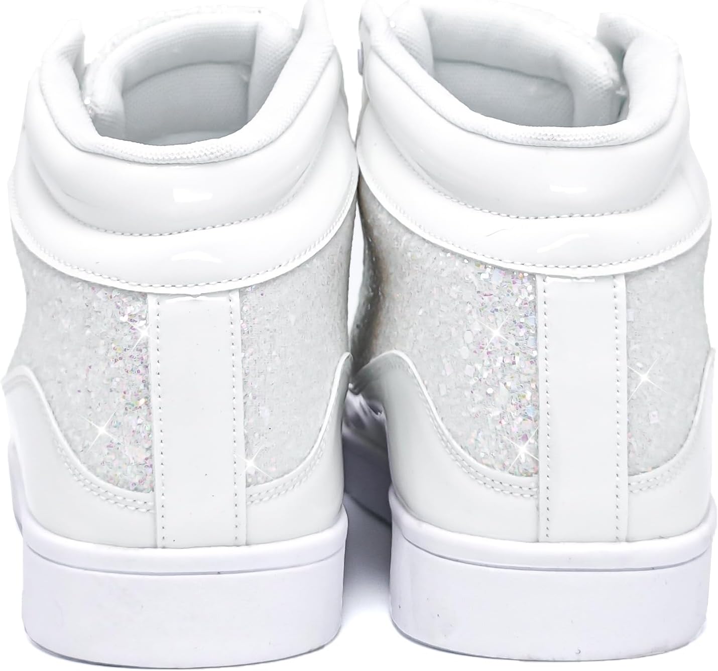 Weiße Glitzer-Sneaker, hoch, Kunstleder, modisch, Damen, Rückansicht, glänzend, trendy.