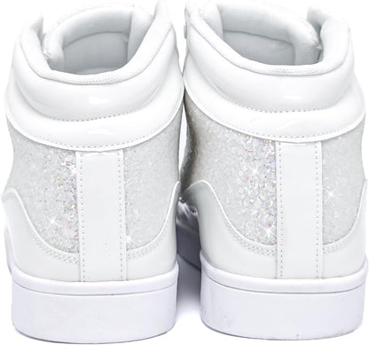 Weiße Glitzer-Sneaker, hoch, Kunstleder, modisch, Damen, Rückansicht, glänzend, trendy.