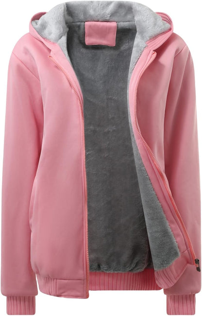 Rosa Damenjacke mit Kapuze, Fleece-Innenfutter, Reißverschluss, Wintermode, warm und bequem.