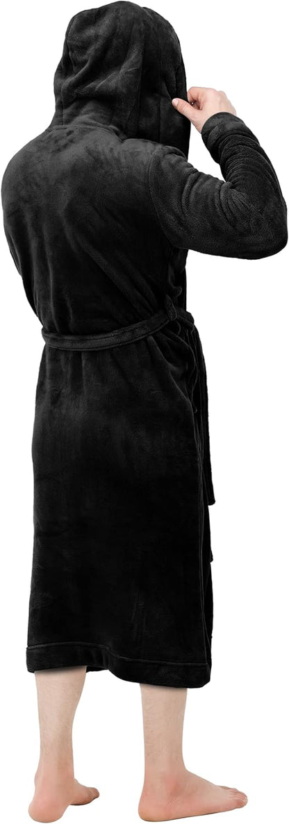 Schwarzer Fleece-Bademantel mit Kapuze, Herren, weich, warm, gemütlich, lang, Morgenmantel.