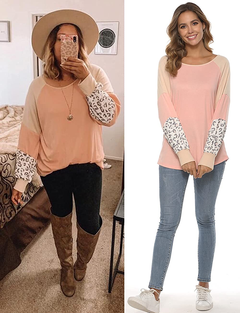 Damen-Pullover rosa, Leopardenmuster Ärmel, lässig, langarm, Herbstmode, Baumwolle.