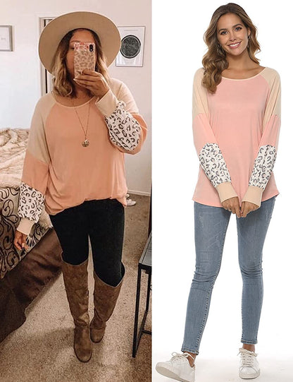 Damen-Pullover rosa, Leopardenmuster Ärmel, lässig, langarm, Herbstmode, Baumwolle.