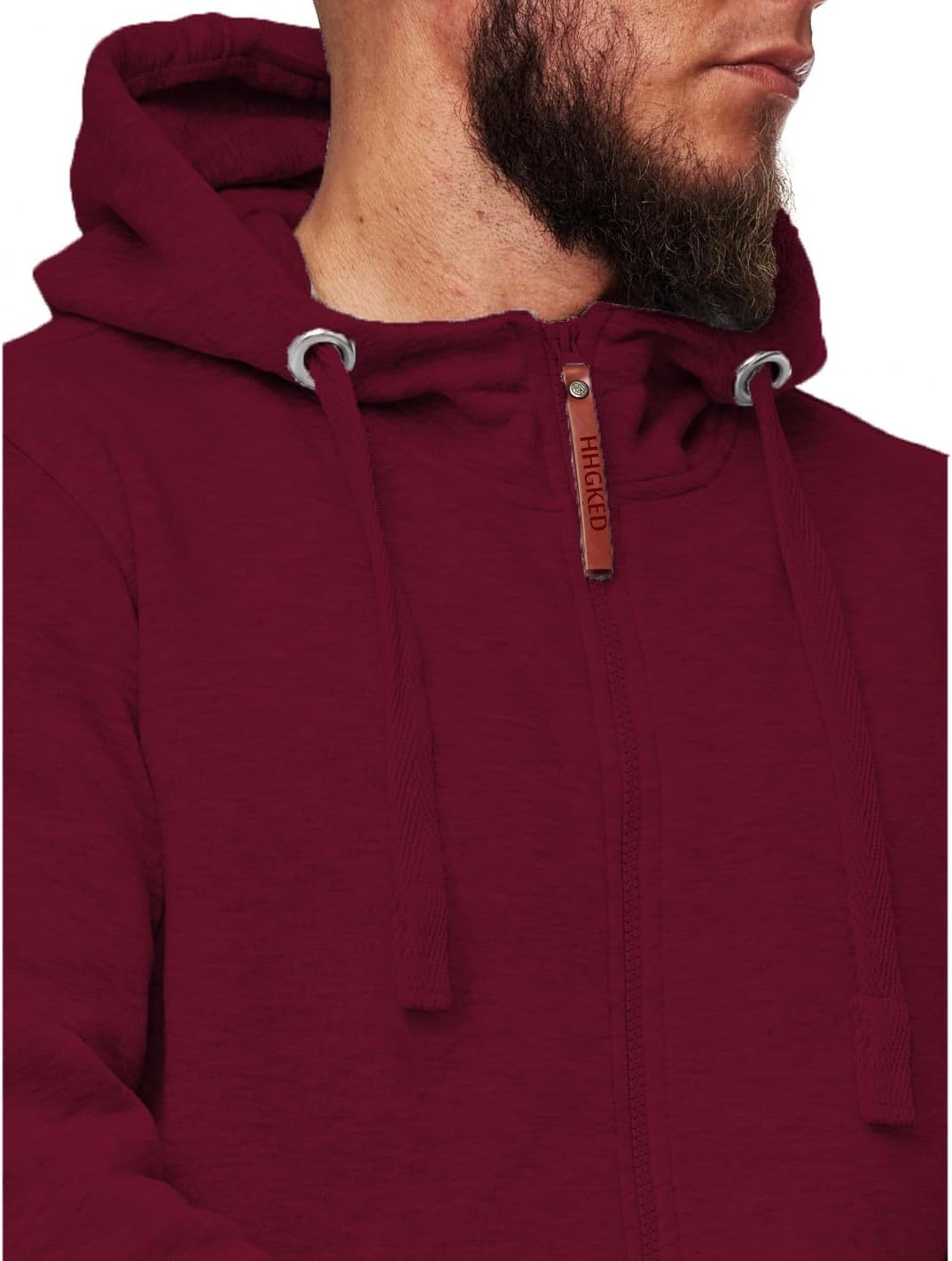 Bordeauxrote Herren-Kapuzenjacke mit Reißverschluss, Baumwolle, lässig, modisch, bequem.