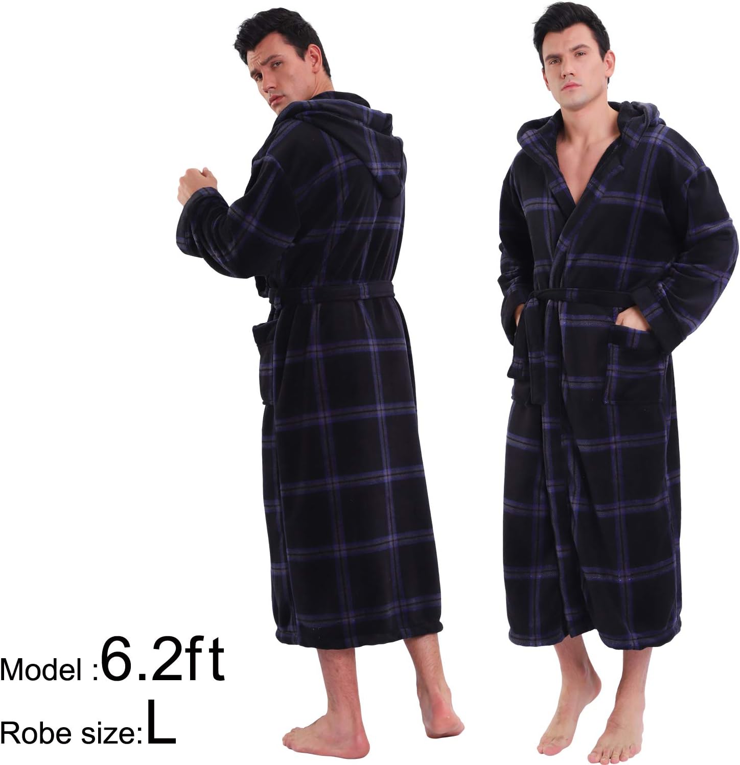 Männer Bademantel mit Kapuze, kariert, Fleece, schwarz-blau, Größe L, gemütlich, warm.