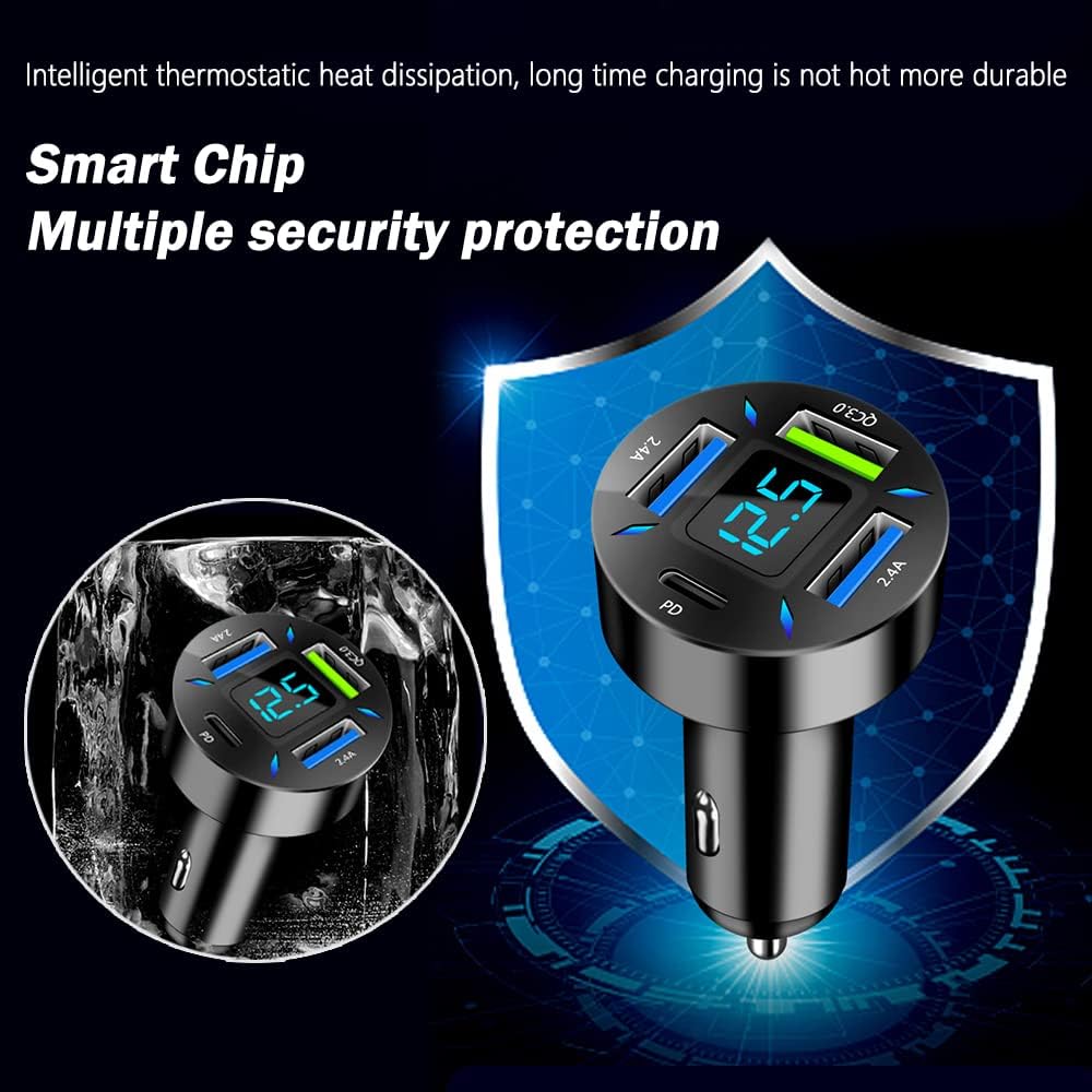 Schwarzes USB-Autoladegerät mit LED-Anzeige, Smart Chip, Mehrfachschutz, Schnellladung.
