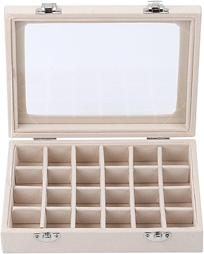 Beige Schmuckkästchen mit Glasdeckel, 24 Fächer, Aufbewahrung für Ringe und Ohrringe.