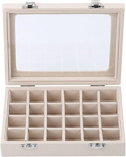 Beige Schmuckkästchen mit Glasdeckel, 24 Fächer, Aufbewahrung für Ringe und Ohrringe.