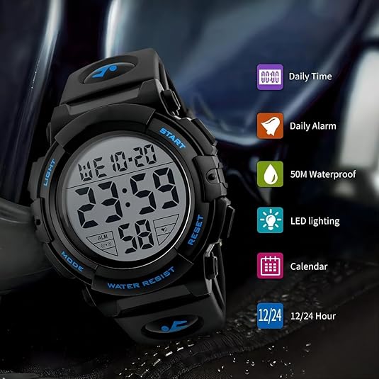 Schwarze digitale Armbanduhr, wasserdicht, LED-Beleuchtung, Kalender, Alarm, 12/24-Stunden-Anzeige.