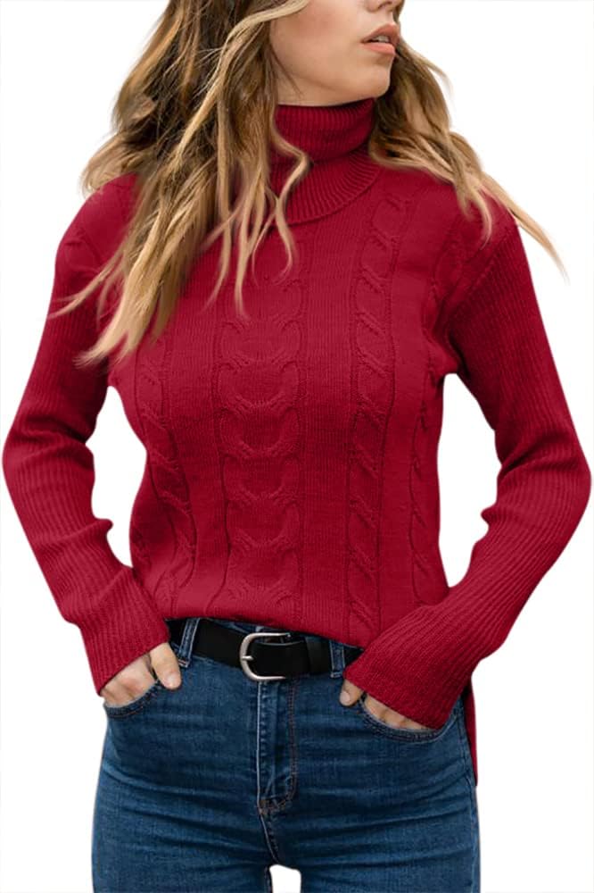 Frau in rotem Rollkragenpullover, Zopfmuster, lässig, modisch, Herbstmode, Damenbekleidung.