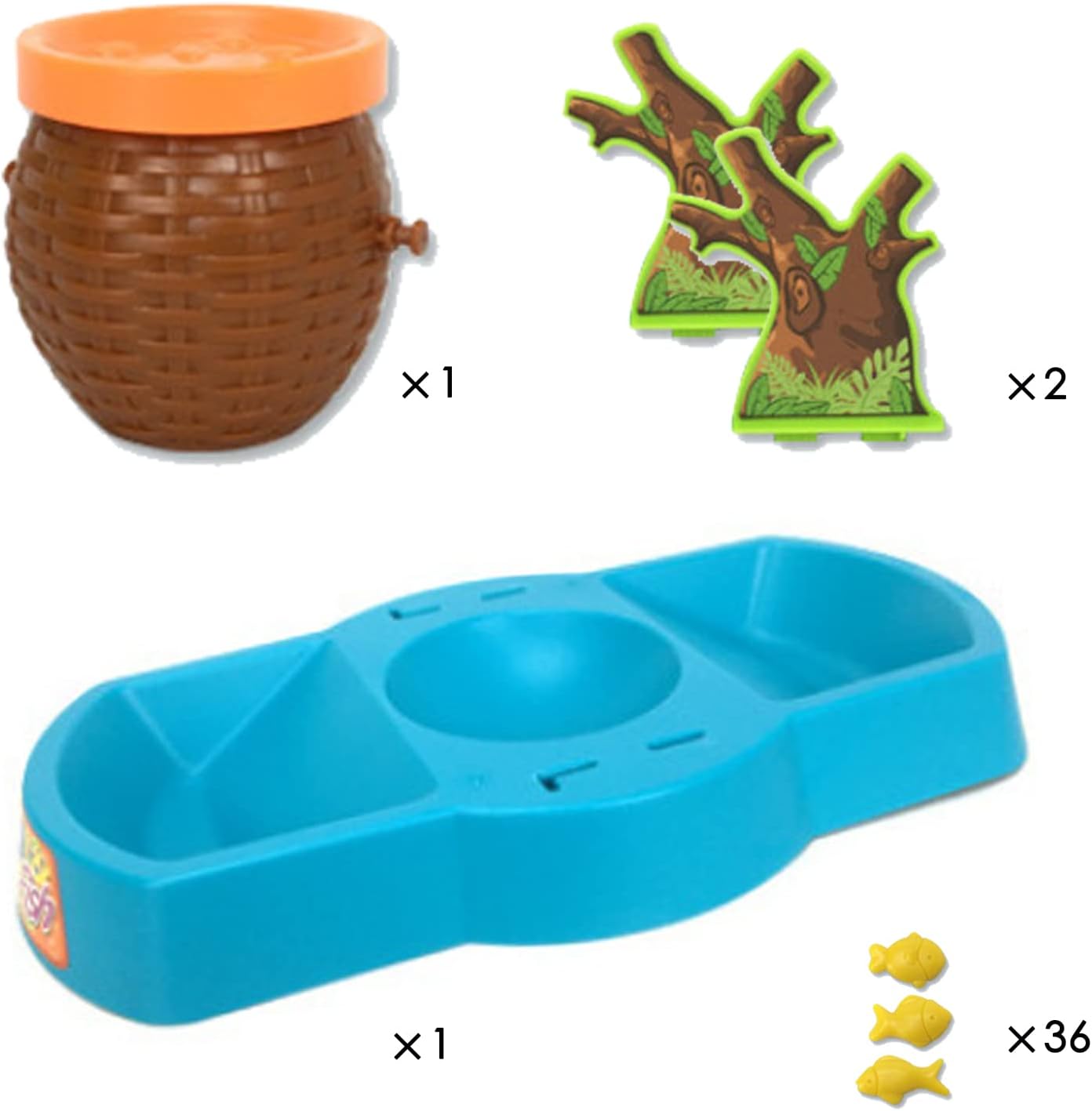 Spielset mit blauem Futtertrog, braunem Fass, Baumstümpfen und gelben Fischfiguren.