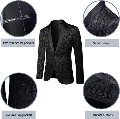 Schwarzes Herren-Sakko mit Paisley-Muster, Schalkragen, eleganten Knöpfen, zwei Innentaschen.