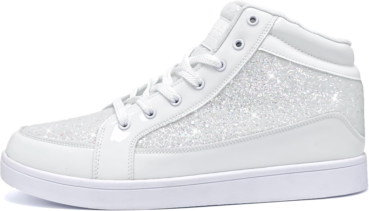 Weiße Glitzer-Sneaker für Damen, hohe Sneaker, modische Freizeitschuhe, glänzend.