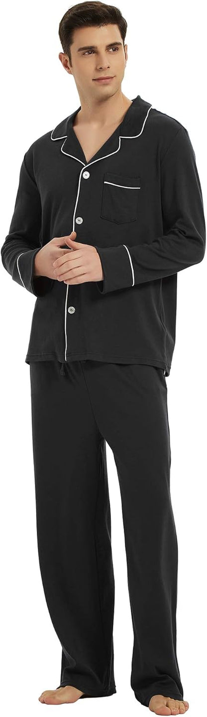 Schwarzer Herren-Pyjama aus Baumwolle, langärmelig, mit Knopfleiste und Kontrastnähten.