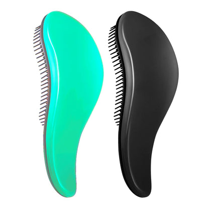 Zwei ergonomische Entwirrungsbürsten, türkis und schwarz, für glattes, knotenfreies Haar.