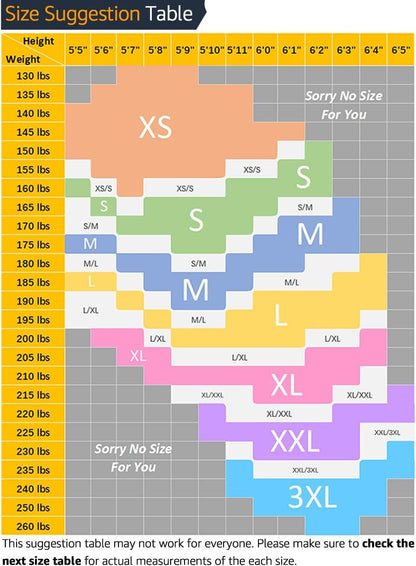 Größentabelle für Kleidung, Größen XS bis 3XL, basierend auf Gewicht und Körpergröße.