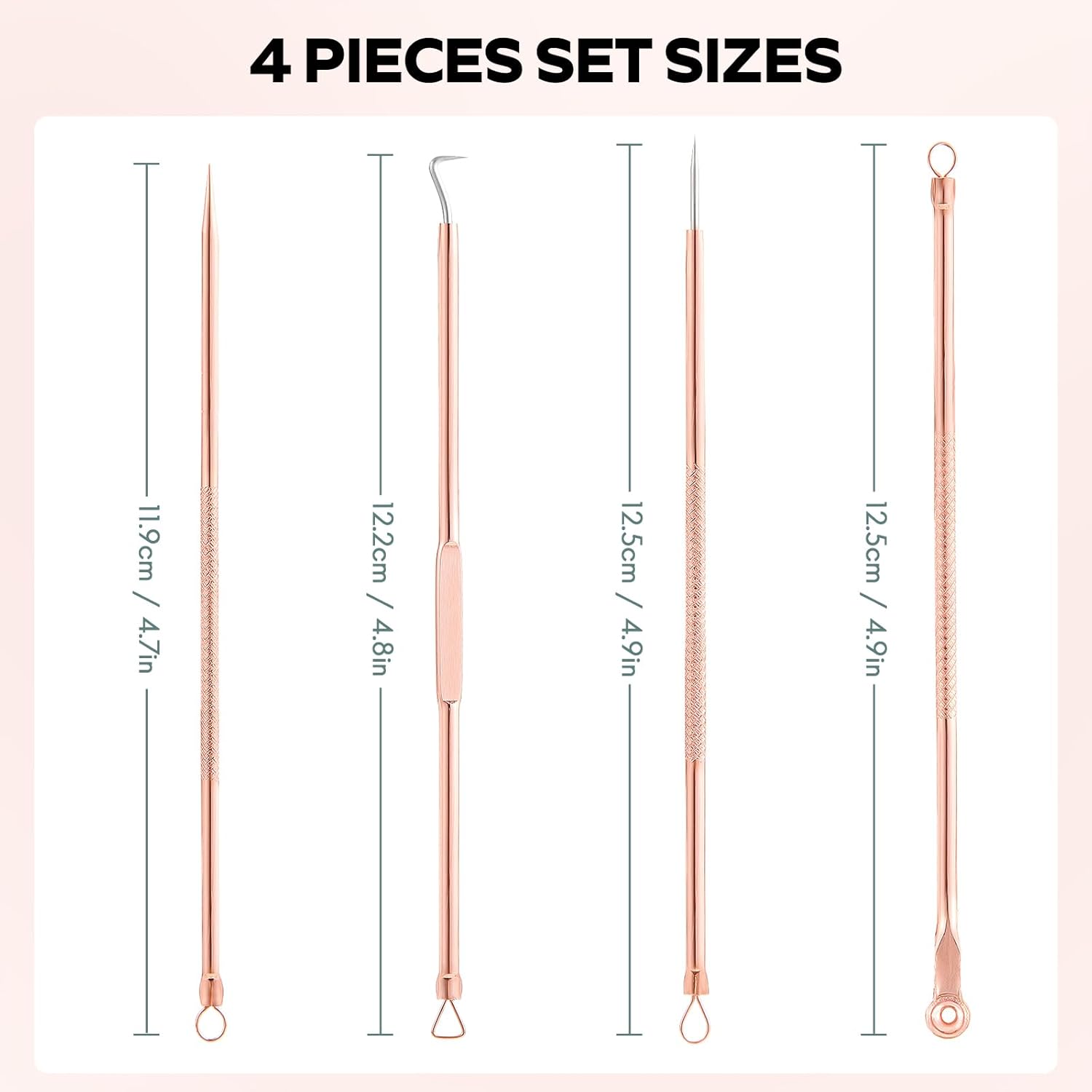 4-teiliges Mitesserentferner-Set, Edelstahl, roségold, Hautpflege-Werkzeug, 12 cm, 4,7 Zoll.