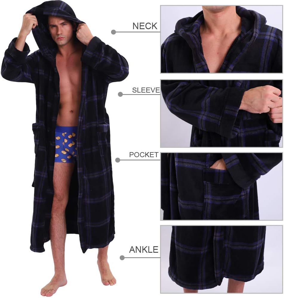 Männer Bademantel mit Kapuze, kariert, schwarz-blau, Fleece, Taschen, gemütlich, lang.