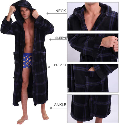 Männer Bademantel mit Kapuze, kariert, schwarz-blau, Fleece, Taschen, gemütlich, lang.